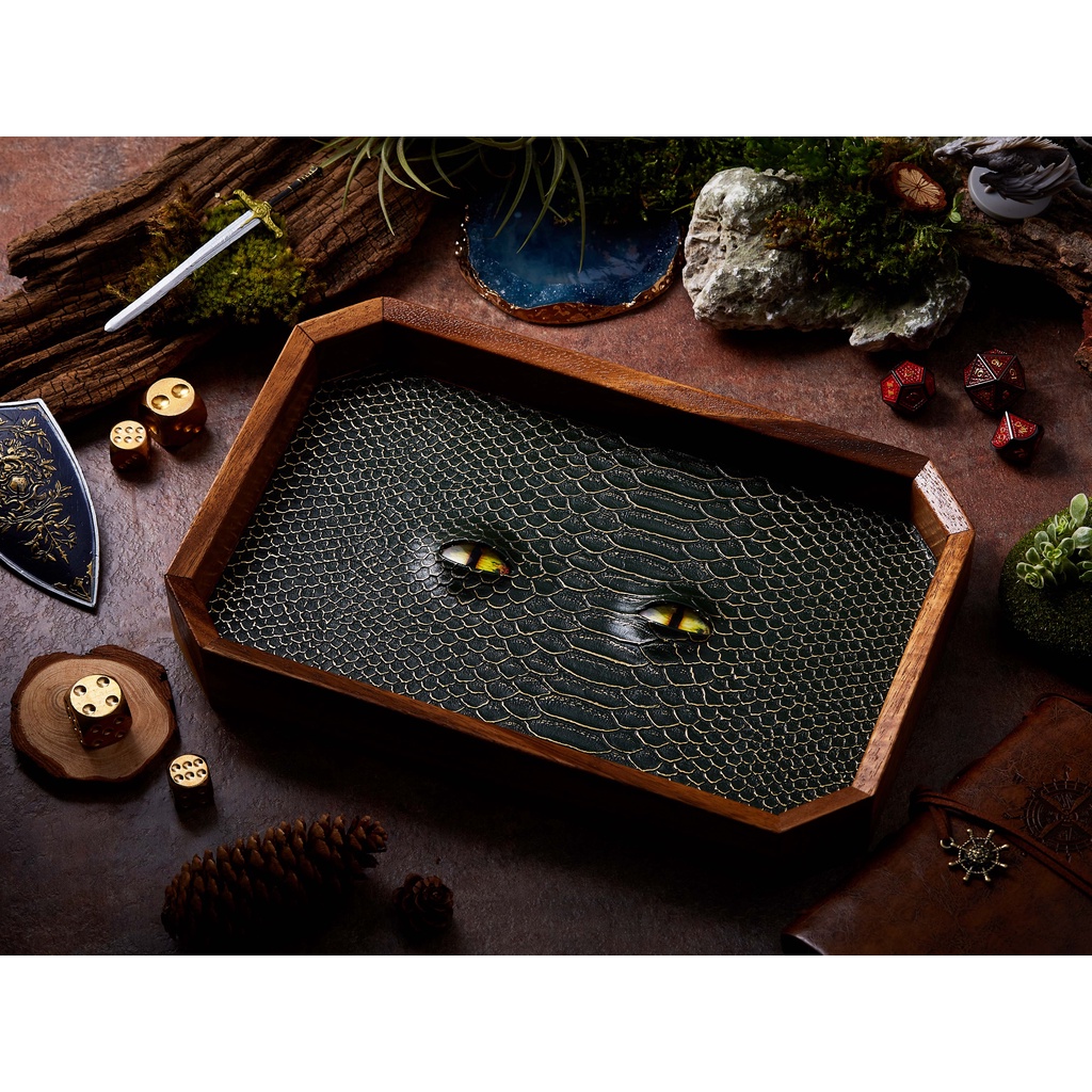 BEHOLDER Dice Tray | Green Gold Leather & Green eye | Octagon Dice Tray | Faux Leather | RPG Dice Tr