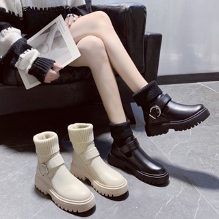 👢fashion boots👢รองเท้าบูทแฟชั่น รองเท้าบูทหุ้มข้อ หญิง เวอร์ชั่นเกาหลี ก้นหนา การถัก ท่อสั้น ให้อบอุ่น เพิ่มแคชเมียร