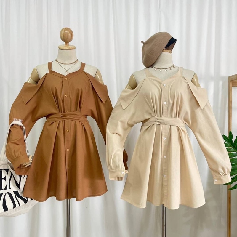 (GDD40) ชุดเดรสคล้องคอ ผ้าคัตตอนผสมลินิน (แบรนด์ไทย)