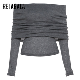 Relagala เสื้อยืดแขนยาว เปิดไหล่ เข้ารูป สีพื้น แฟชั่นสําหรับผู้หญิง