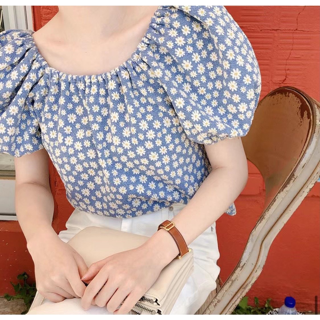 🌼 เสื้อเชิ้ต แขนตุ๊กตา ลายดอกเดซี่สีฟ้า สวย สดใส เปลี่ยนทรงเป็นปาดไหล่ก็น่ารัก 🌼 #7771 - รูปที่ 3