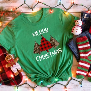 เสื้อยืดแขนสั้นลําลอง พิมพ์ลาย Merry Christmas สีขาว สีเขียว สําหรับผู้หญิง