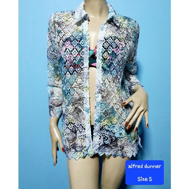 เสื้อคลุมลูกไม้ เสื้อถักคอเชิ๊ต ป้าย alfred dunner Size S ใส่คลุม แขนยาว ไม่มีกระดุมหน้า