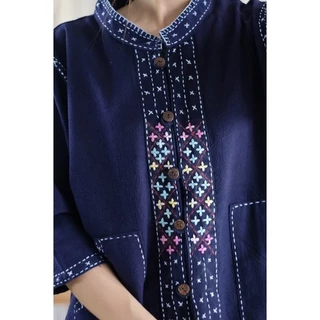 เสื้อผ้าฝ้ายคอจีนแขนสามส่วน ปักลายดอกแก้ว