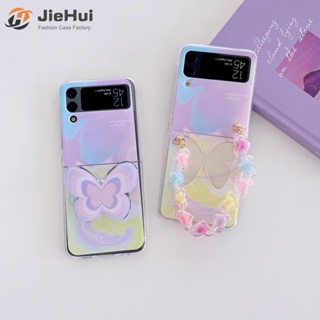 Jiehui เคสโทรศัพท์มือถือ PC แบบแข็ง ลายผีเสื้อ พร้อมสายโซ่คล้อง สําหรับ Samsung Z Flip4 Z Flip3