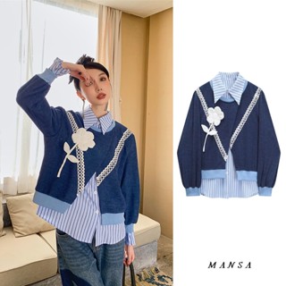 MANSA blue striped floral shirt เสื้อลายดอก เสื้อโอเวอร์ไซส์ เสื้อเชิ้ตแขนยาว