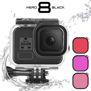 เคสกล้อง GoPro Hero 8 กันน้ํา 60 เมตร สีแดง สีม่วง สีชมพู ฟิลเตอร์เลนส์ดําน้ํา ฝาครอบป้องกันใต้น้ํา อุปกรณ์เสริมกล้อง Go Pro