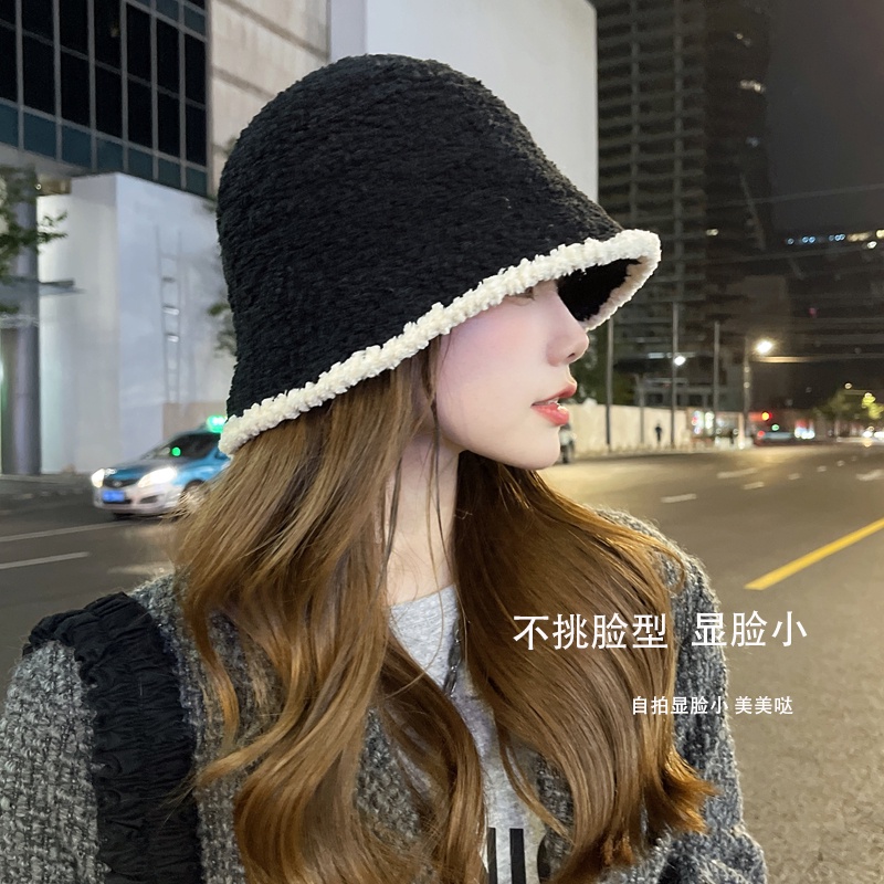 หมวกบักเก็ตสีดําหญิงอินถักหมวกอ่างล้างหน้าฤดูใบไม้ร่วงฤดูหนาวสไตล์ญี่ปุ่นทุกการแข่งขันใบหน้า-ตามหาหน้าเล็ก @-