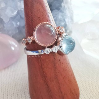 แหวนเงินหินโรสควอตซ์และอความารีน Rose Quartz+Aquamarine