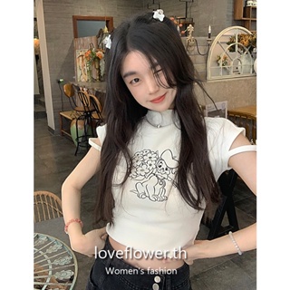 love flower  เสื้อยืดแขนสั้น ผ้าถัก พิมพ์ลายการ์ตูนสุนัข แฟชั่นฤดูร้อน สไตล์เกาหลี สําหรับผู้หญิง