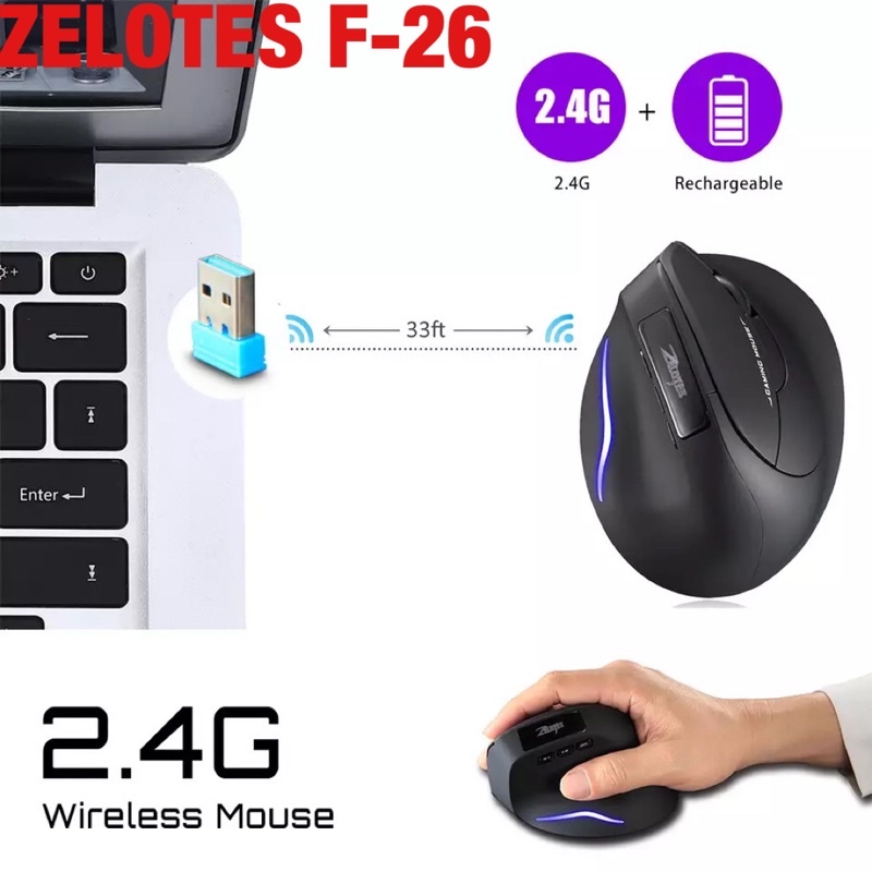 ZELOTES F-26 เมาส์แนวตั้งไร้สายเกมชาร์จเมาส์ RGB ออปติคอล USB เม้าส์สำหรับ Windows Mac 2400 DPI 2.4G