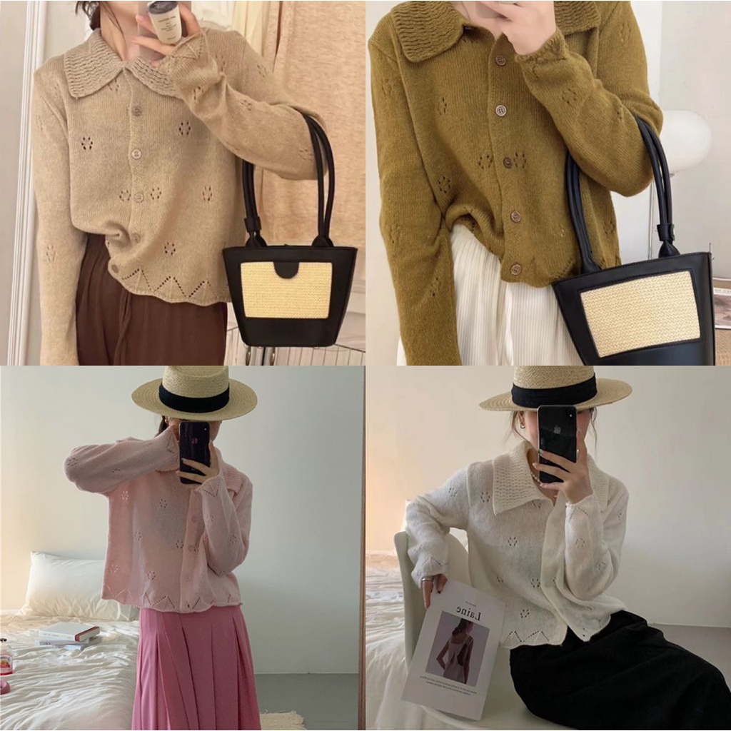 พร้อมส่งจากไทย เสื้อแจ็กเก็ต คาร์ดิแกน กันหนาว แขนยาว ผ้าถักโครเชต์ ฉลุลาย สไตล์เกาหลี