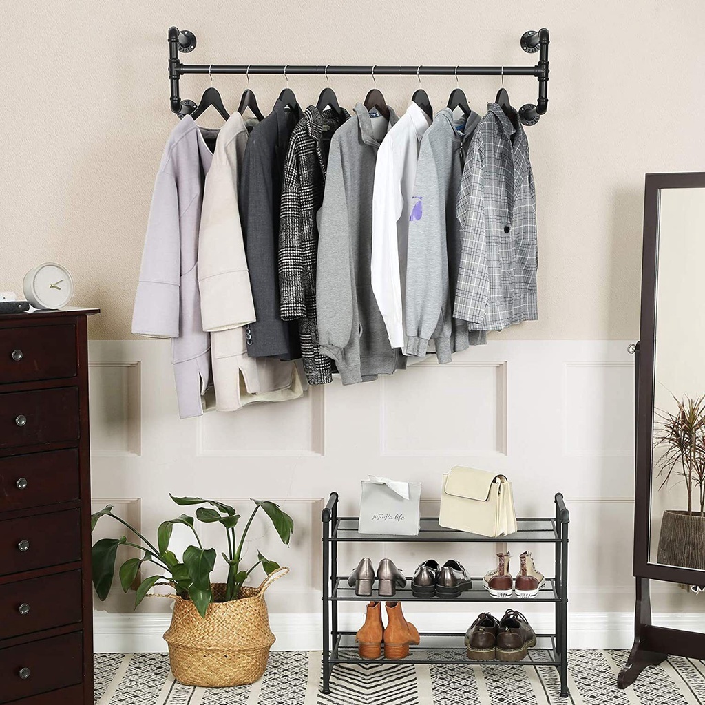 Industrial Pipe Clothes Rack Wall Mounted อุตสาหกรรมท่อแขวนแร็คที่ถอดออกได้ติดผนังแถบเสื้อผ้าติดผนังไม้แขวนเสื้อบ