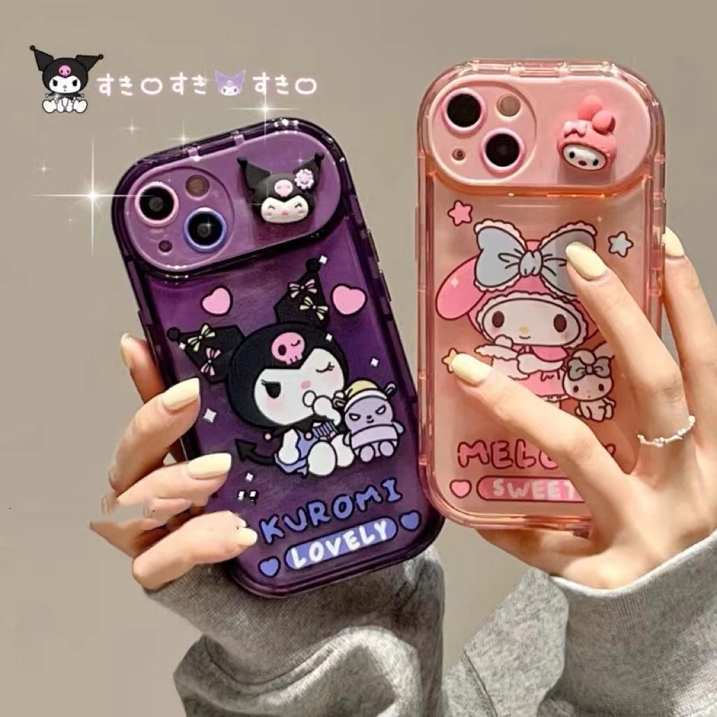 เคสโทรศัพท์มือถือกระจก ลาย Kuromi และ Pink Melody มีขาตั้ง สําหรับ iPhone 14 Pro Max 14 Plus 14 Pro 13 Pro Max 12 Pro Max 11 X XsMax Xr
