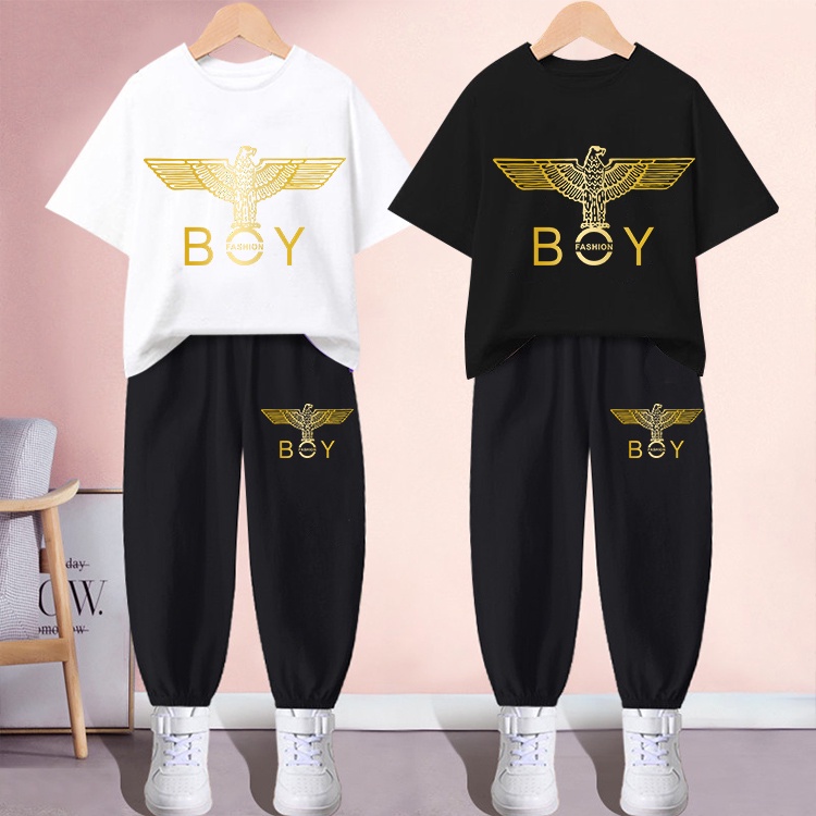 H218+K218Bพร้อมส่ง ชุดเซ็ทเด็กเสื้อยืด+กางเกงขายาว ลายแฟชั่งการ์ตูน่ารัก ใส่ได้สบายทั้งเด็กชายและเด็