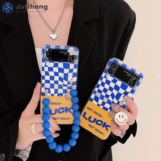 เคสโทรศัพท์มือถือ ลายสก๊อต หน้ายิ้ม สีฟ้า พร้อมจี้โซ่ สําหรับ Samsung Z Flip4 Z Flip3 Z Flip2 Z