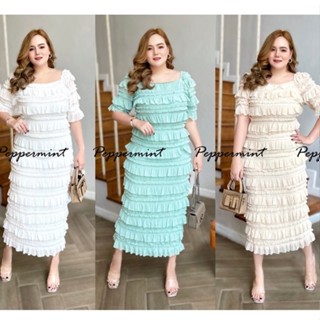 เดรสสาวอวบ เดรสขนมชั้น ผ้าชีฟองระบายเป็นชั้นๆ  งานสวยมากก อก40-48 Peppermint PlusSize (619)