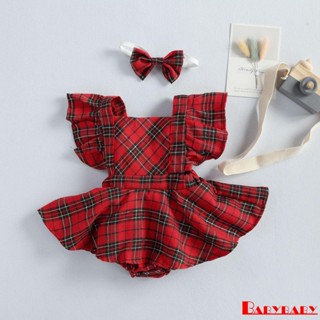 Babybaby- เด็กทารก คริสต์มาส สีแดง ลายสก๊อต แขน Fly Ruffles Tutu Romper + โบว์คาดศีรษะ