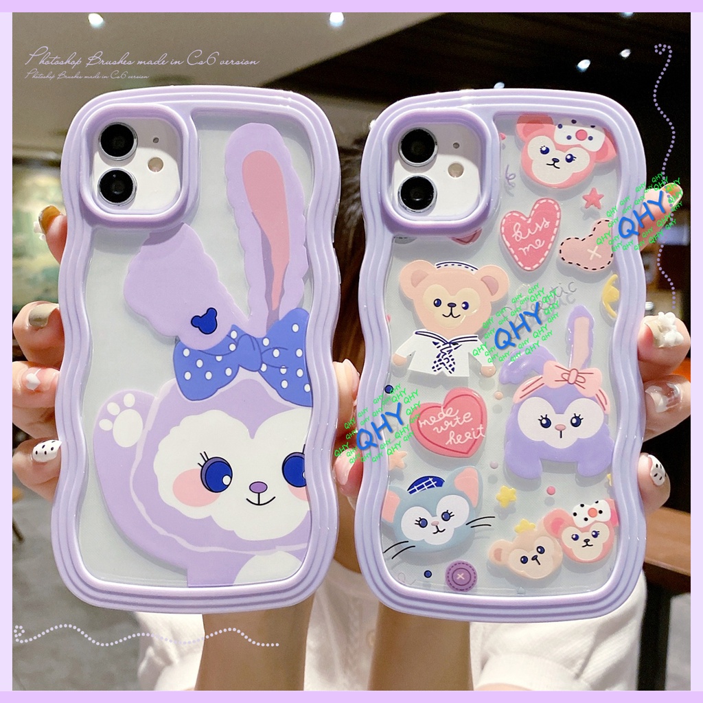 เคสโทรศัพท์มือถือ ซิลิโคนนุ่ม ลายการ์ตูนหมี กระต่าย สีม่วง ขอบหยัก สําหรับ iphone 14 7 6s 8 Plus XR 11 12 13 14 pro xs max