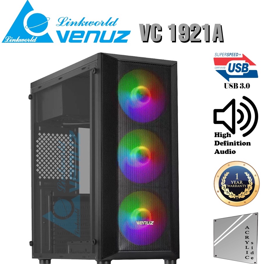 CASE (เคสเกมมิ่ง) VENUZ ATX Computer Case (VC1921A) with Rainbow RGB Fan x 3 – Black VC-1921A