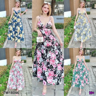 MM18046 แม็กซี่เดรสสายเดี่ยวยาวลายดอกไม้ ผูกโบว์หลัง One-shoulder maxi dress, long floral pattern, bow tie at the back .