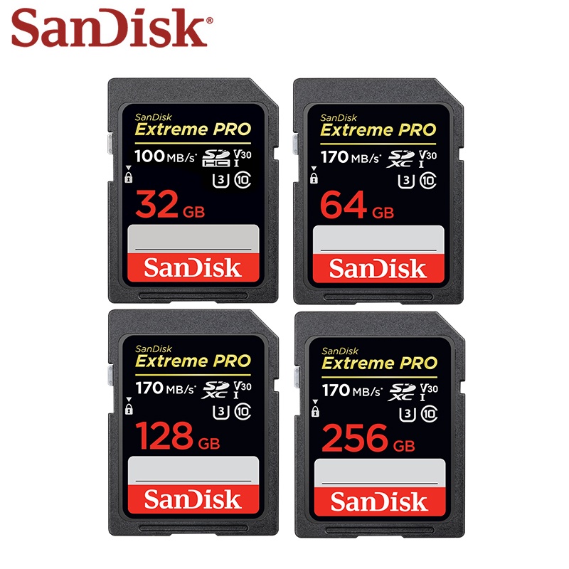 Sandisk Extreme Pro การ์ดหน่วยความจํา 100% 256GB 128GB 64GB ความเร็วอ่านสูงสุด 170MB/s SD Card Class 10 U3 32GB 95MB/s สําหรับกล้อง