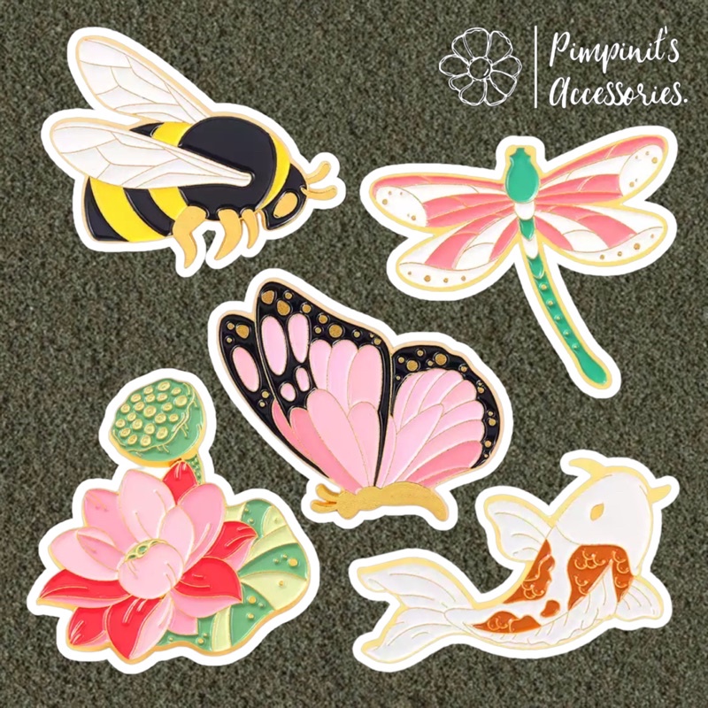 ร้านในไทยพร้อมส่ง : เข็มกลัดดอกบัว, ผีเสื้อ, ผึ้งและแมงปอ | Lotus, Butterfly, Bee & Dragonfly Enamel Brooch Pin.