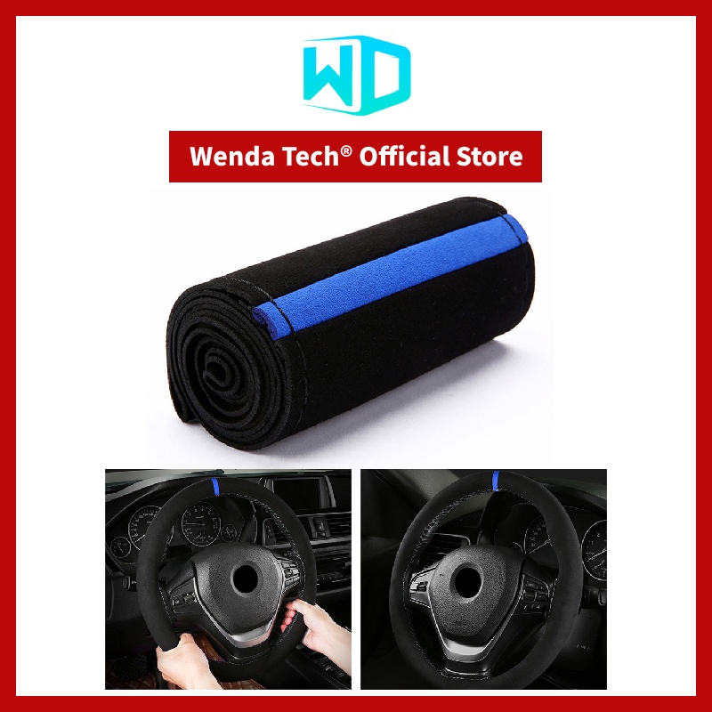 ปลอกหุ้มพวงมาลัยรถยนต์หนังกลับสีด ํา + สีฟ้า 38 ซม . ⭐  August⭐