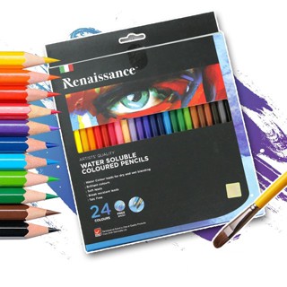 Renaissance ดินสอสีไม้ระบายน้ำ เรนาซองซ์ 24 แท่ง 24 สี(แถมฟรีพู่กันในเซ็ท) รุ่น ARTISTSQUALITY WATER SOLUBLE COLOURS PE