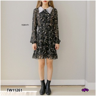 👗Pfashion [ส่งไว!!🚛] P11261 	เดรสชีฟองพิมลายดอกไม้คอปักลูกไม้ Chiffon dress with floral print and embroidered