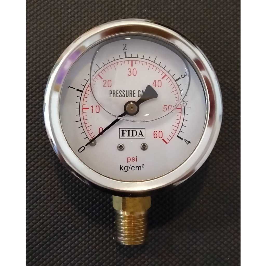 "FIDA" Pressure gauge stainless เกจวัดแรงดัน สแตนเลส หน้าปัด 2.5" เกลียว BTTM 1/4" 4,7,10,20kg (0-150psi) แบบเติมน้ำมัน