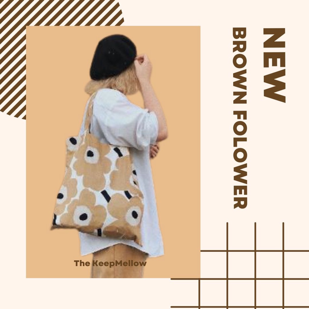 ✨พร้อมส่ง+แถมถุงเท้าฟรี✨Marimekko Cream ของแท้ 100%  ราคาถูกที่สุด ถุงผ้าMarimekko Tote Bag กระเป๋าผ้า ขนาด 44x43cm