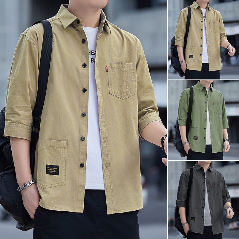 เสื้อเชิ้ตแขนสามส่วนลําลอง แต่งกระเป๋า สไตล์เกาหลี แฟชั่นฤดูร้อน สําหรับผู้ชาย