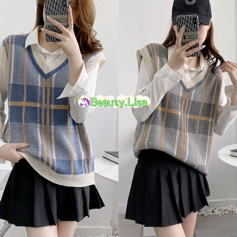 Lisa พร้อมส่ง เสื้อกั๊กไหมพรม Vest แขนกุด คอวี สายสีฟ้า สีเทา กันหนาว แฟชั่นเกาหลี มี2สี ผ้าหนุ่มไม่บาง สำหลับผู้หญิง
