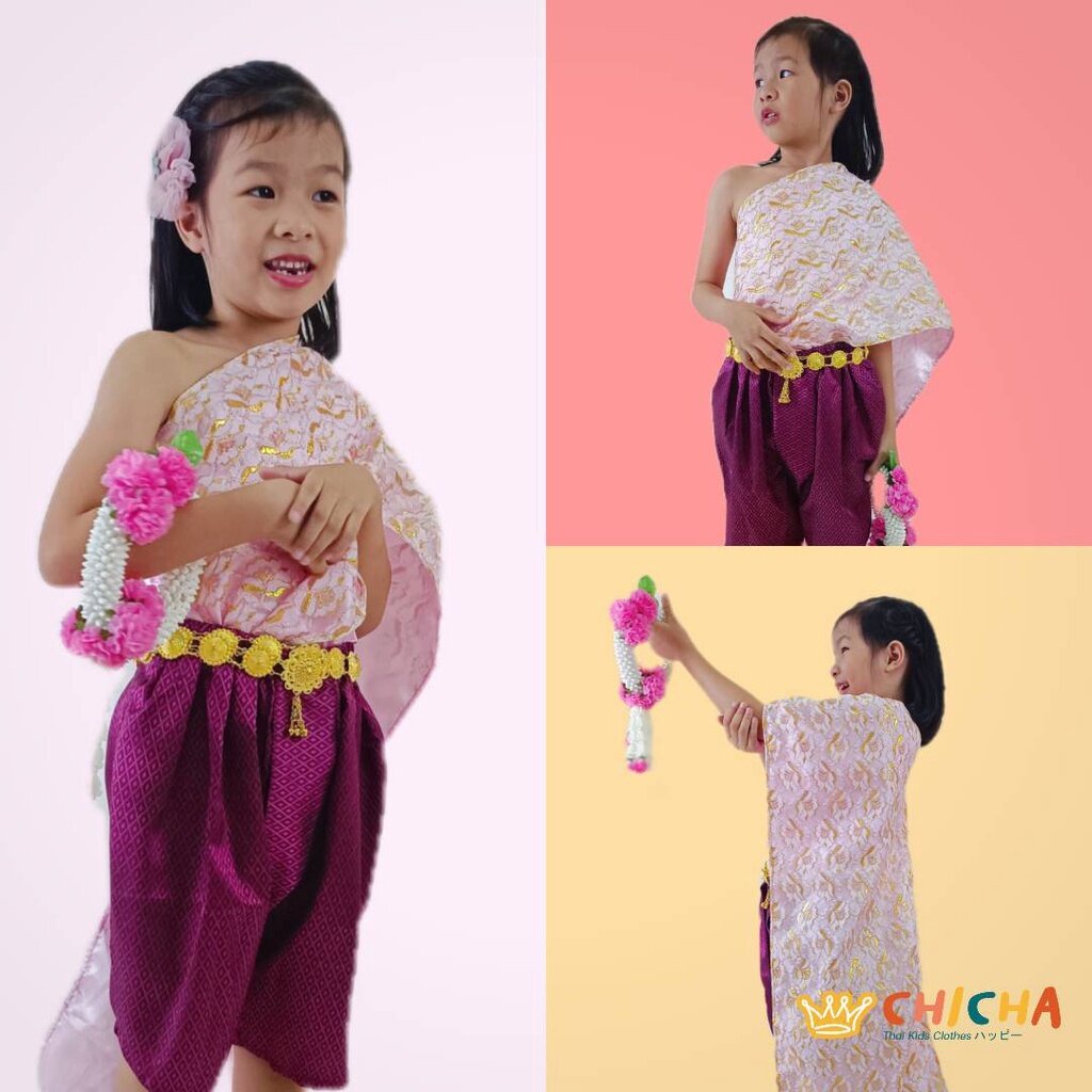 ชุดไทยเด็กผู้หญิง ชุดสไบปักลูกไม้ รุ่น "อิ่มเอม" #ม่วงลูกหว้า 🌺 2-6 ขวบ โจงกระเบน + สไบ 🎀 ชุดไทยเด็กอนุบาล chicha❤️