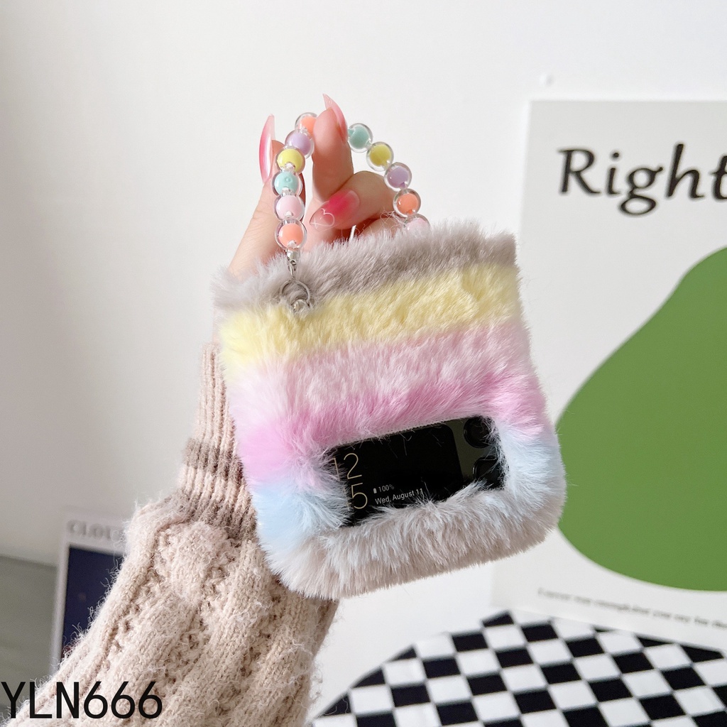 SAMSUNG แฟชั่นสายรุ้งสีปุยเคสโทรศัพท์สําหรับSamsung Galaxy Z Flip 6 5 4 3 2 1 ฝาครอบน่ารักตุ๊กตาFuzz