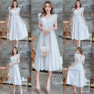 🧡พร้อมส่ง M-4XL🧡ป้าย ANANYA💕เดรสยาว เดรสสีขาว คอวี แต่งระบาย สวยเรียบหรู