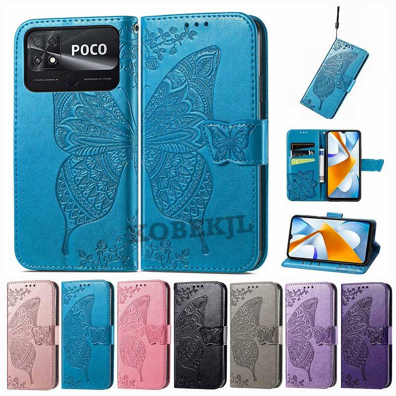 Xiaomi Poco C40 กรณีลายนูนผีเสื้อหนัง PU กระเป๋าสตางค์ Xiaomi Poco C40 M5S M5 M4 Pro PocoC40 เคสโทรศ