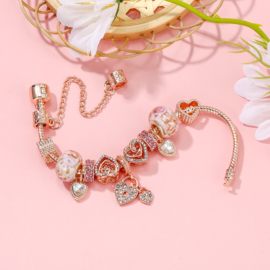 Dinglly โรสโกลด์ พลอยเทียม หัวใจ จี้ดอกไม้ ลูกปัด หัวใจ สร้อยข้อมือ เสน่ห์ สําหรับผู้หญิง ของแท้ คริสตัล กําไลข้อมือ เครื่องประดับ ของขวัญ