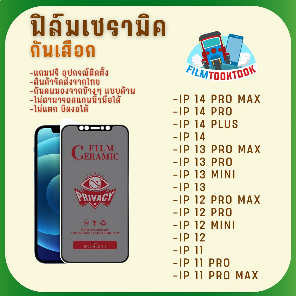 Ceramic ฟิล์มกันเสือกแบบด้าน สำหรับรุ่น iPhone 14 Pro Max/14 Plus/13 Pro Max/13 Mini/12 Pro Max/12 Mini/11 Pro Max/11/13 – โปรปัง