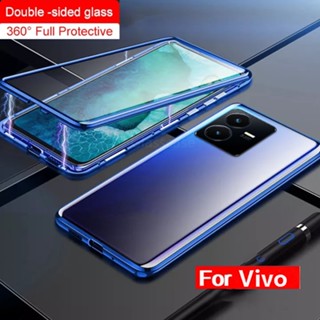 เคสโทรศัพท์มือถือแบบแก้ว ฝาพับแม่เหล็ก สองด้าน 360 องศา สําหรับ Vivo Y22 Y22S Y35 V25 V25e 5G VivoY22 ฝาครอบป้องกัน แบบแข็ง