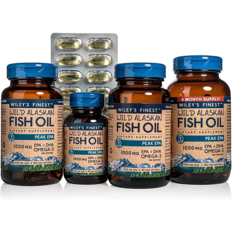 Wiley's Finest Wild Alaskan Fish Oil - 3X Triple Strength Peak EPA DHA, 1000mg Omega-3s, SQF-Certified ,60,120 Softgels