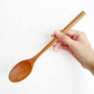 ช้อนด้ามยาว ไม้สัก ช้อนเกาหลี ช้อนกลางยาว Wooden Korean Long Handle Spoon Safe Non-Toxic Flappe Smoothie