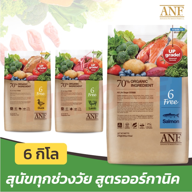 ANF อาหารสุนัข 6 Free Organic สูตร ออการ์นิค สำหรับ สุนัขโต สูตร เป็ด / ปลาแซลมอน / แกะ ขนาด 6kg