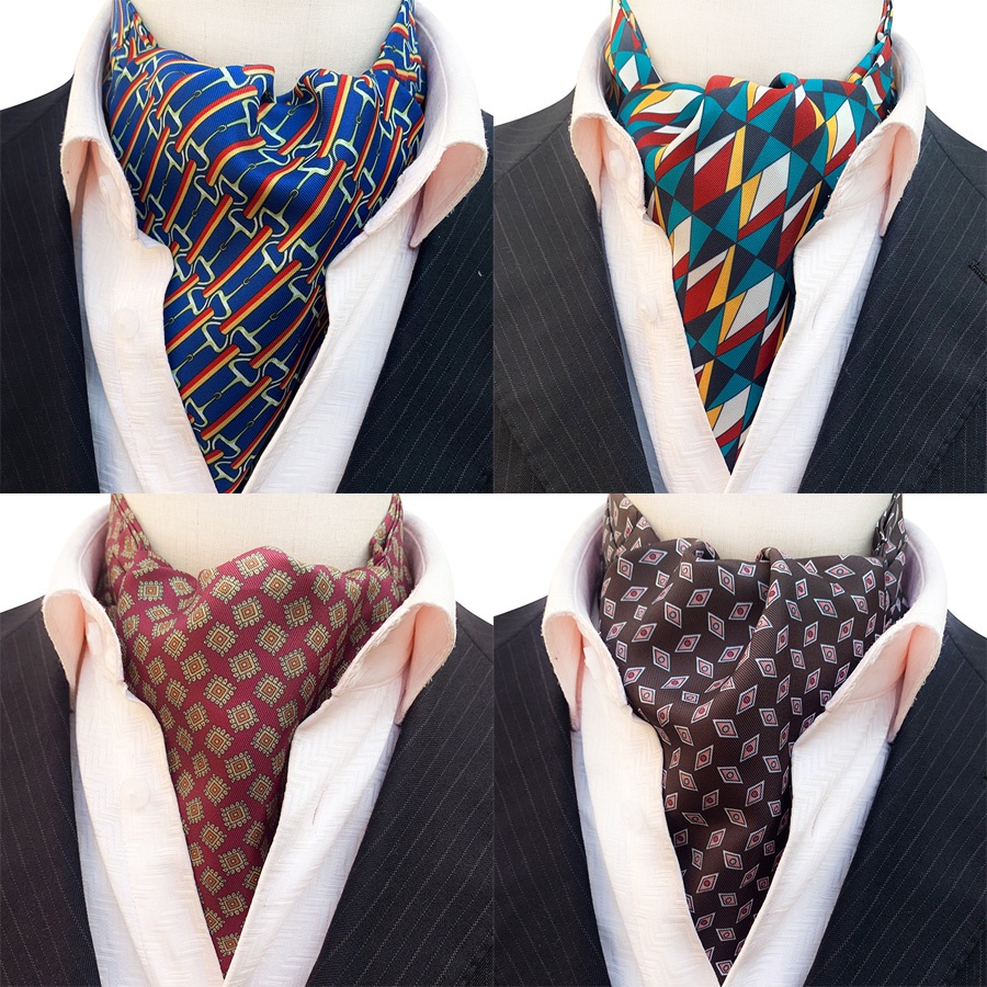 ผู้ชายวินเทจอย่างเป็นทางการ Cravat Tie ผ้าไหม Polka Dot ดอกไม้ลายสก๊อตและตรวจสอบ Scrunch Self สไตล์ Jacquard Ascot เนคไท Neckwear สําหรับธุรกิจ Party