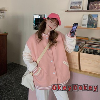 Odokey- เสื้อแจ็กเก็ตเบสบอล แขนยาว คอวี กระดุมแถวเดียว สไตล์วิทยาลัย แฟชั่นฤดูใบไม้ร่วง ฤดูหนาว สําหรับผู้หญิง