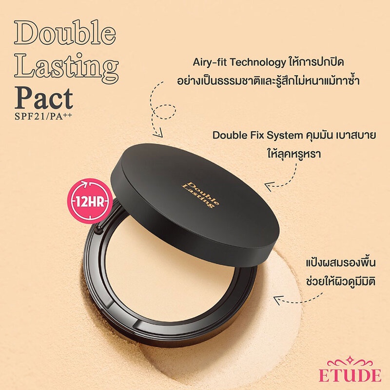 ฉลากไทยผลิต9/2023) แป้งพัฟคุมมันผสมรองพิ้น Etude Double Lasting Pact SPF21 PA++ neutral beige 23N1/21N1