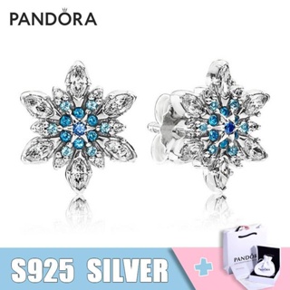 Pandora ต่างหูเงิน 925 รูปเกล็ดหิมะ ประดับคริสตัล สีฟ้า 290590Nblmx ของขวัญคริสต์มาส พรีเมี่ยม แฟชั่นสําหรับผู้หญิง e1027