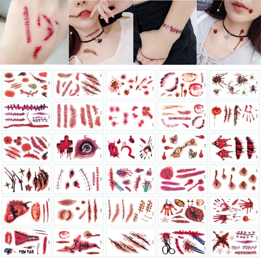 [พร้อมส่ง] แทททู ฮาโลวีน รอยแผล tattoo Halloween สติ๊กเกอร์ตกแต่ง (R-01 - R-30) SKU-06550