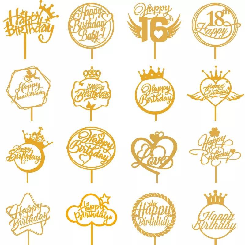 ป้ายวันเกิด ป้ายปักเค้กอะคริลิค ป้ายhappy birthday สีทอง – โปรปัง
